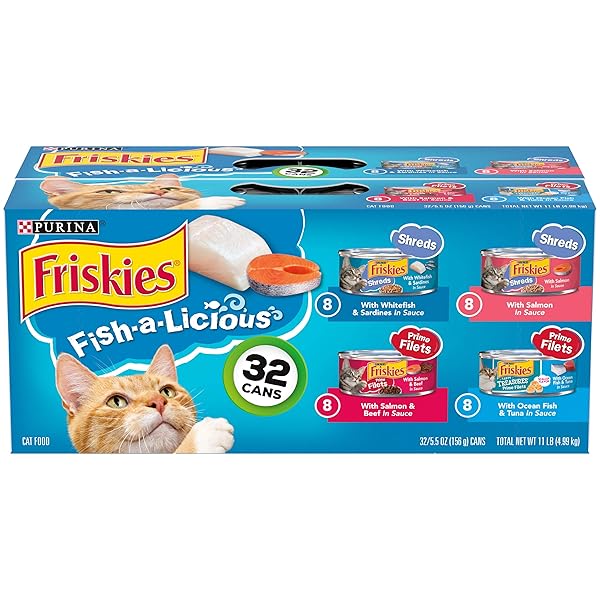 PURINA FRISKIES WET CAT FOOD VARIETY PACK FISH-A-LICIOUS EXTRA GRAVY, PRIME FILETS AND TASTY TREASURES – (PACK OF 32) 5.5 OZ. CANS