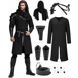 NTYNTY Men's Medieval Knight Costume Set, 11PCS Black Viking LARP Outfit for Renaissance Faire, Cowl Bracers Belt & Armor
