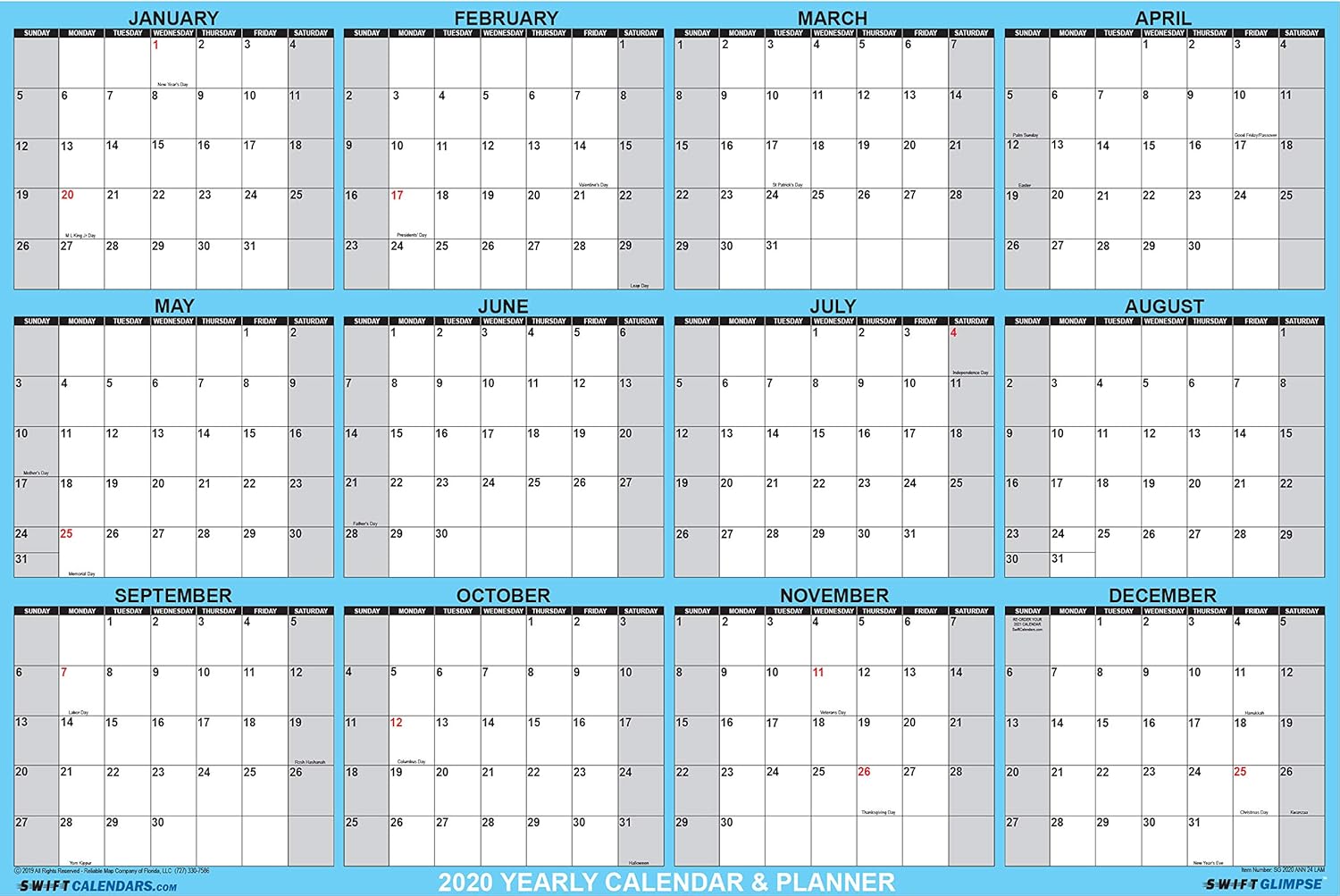 32x48 SwiftGlimpse 2020 Wall Calendar Erasable XXL Jumbo Wet & Dry Erase Laminated 12 Month Planner, Horizontal, Blue