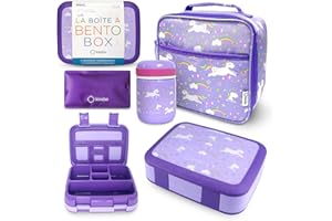 KINSHO Bento Box with Stainless Steel Thermo, Insulated Lunch Bag, Ice Pack Set for Kids - 5 Compartments, Lunches or Snack Container for Girls, Toddlers Daycare Pre-School, Kindergarten Purple Unicorn