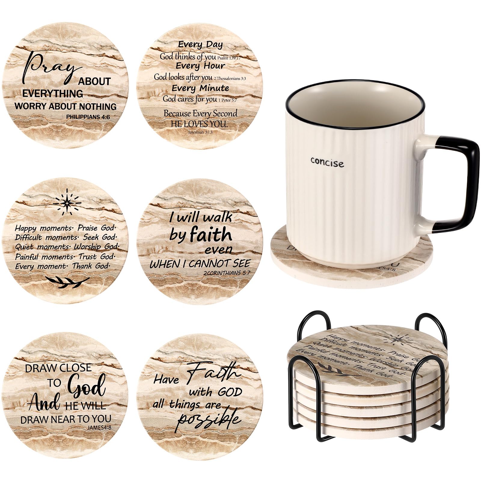 Dandat 12 Pcs Christian Coasters with Bible Verses, Ceramic, Multi-colored, Round, Drink Coasters with Cork Backing, Absorbent, Suitable for Hot & Cold Drinks, Ideal for Gifts