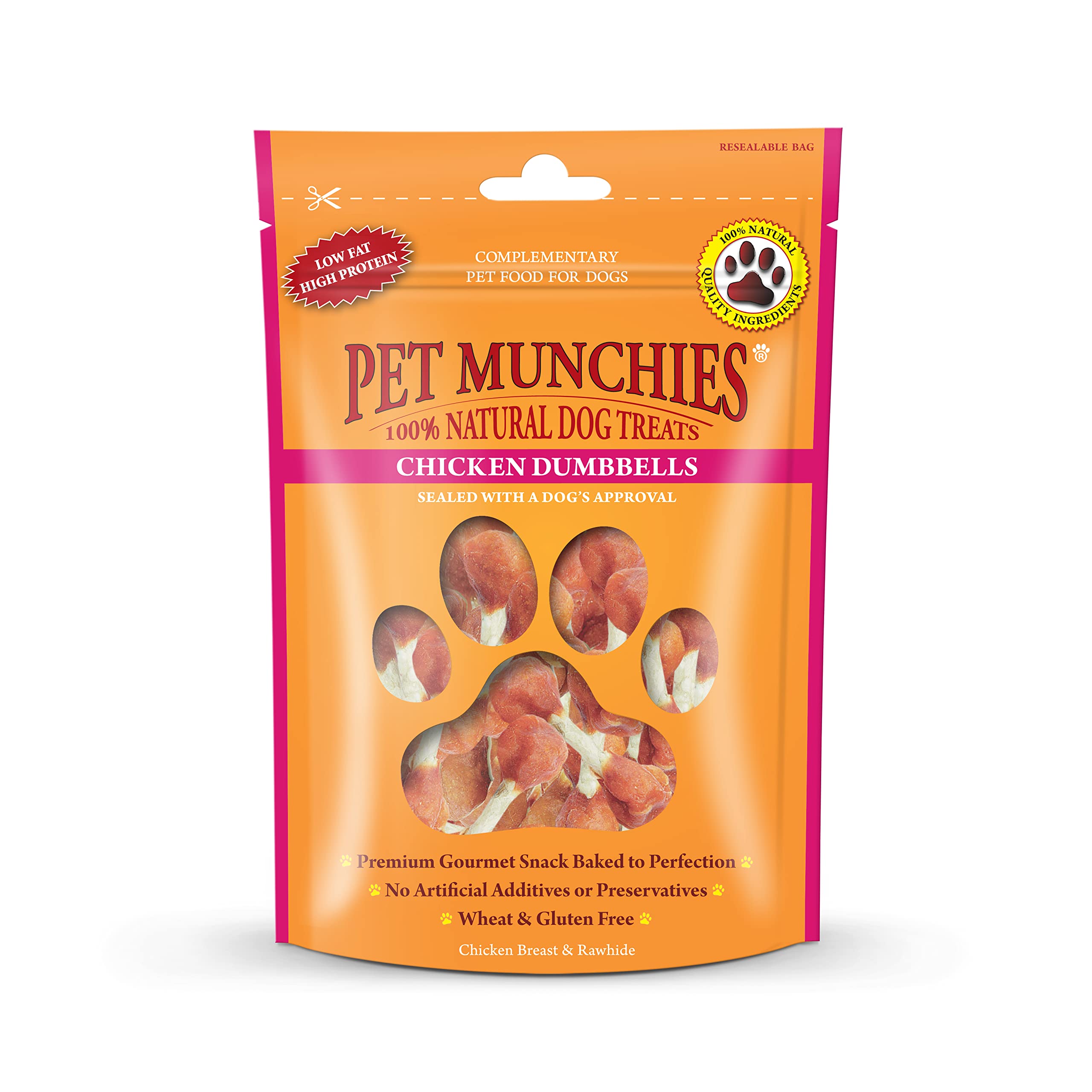 Pet Munchies Chicken and Rawhide Dumbbells Dog Treats, Premium Grain Free Dog Chews with Natural Real Meat, Low in Fat and High in Protein 80g (Pack of 8)