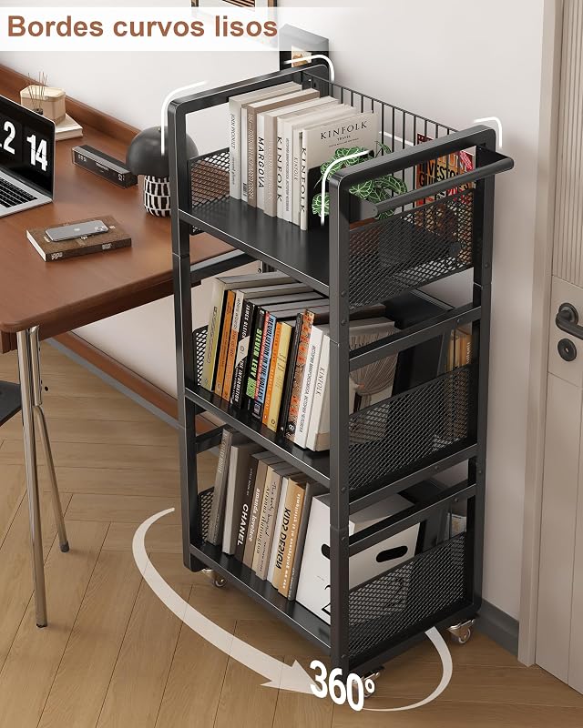 Librería con Ruedas 3 Niveles, Estantería Metálica Móvil, Negro