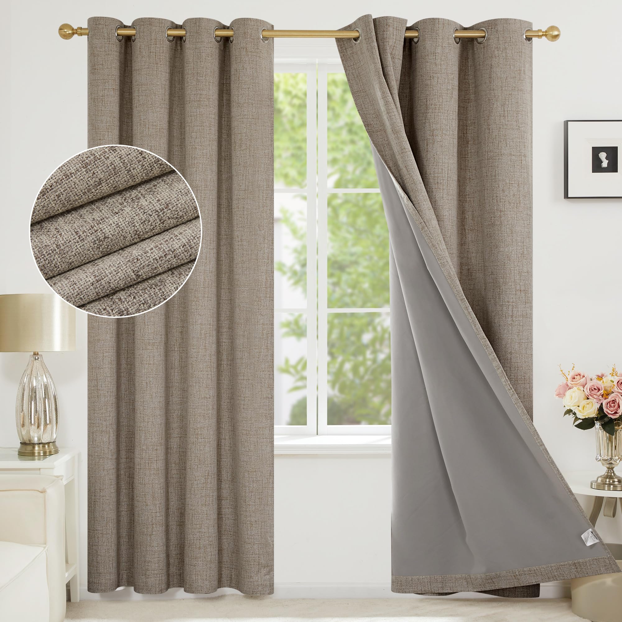 Deconovo Total Blackout Curtains with Coating, Faux Linen Eyelet Bedroom Curtains 84 Inch Drop Living Room, 52 x 84 Inch(W x L), Linen, 1 Pair