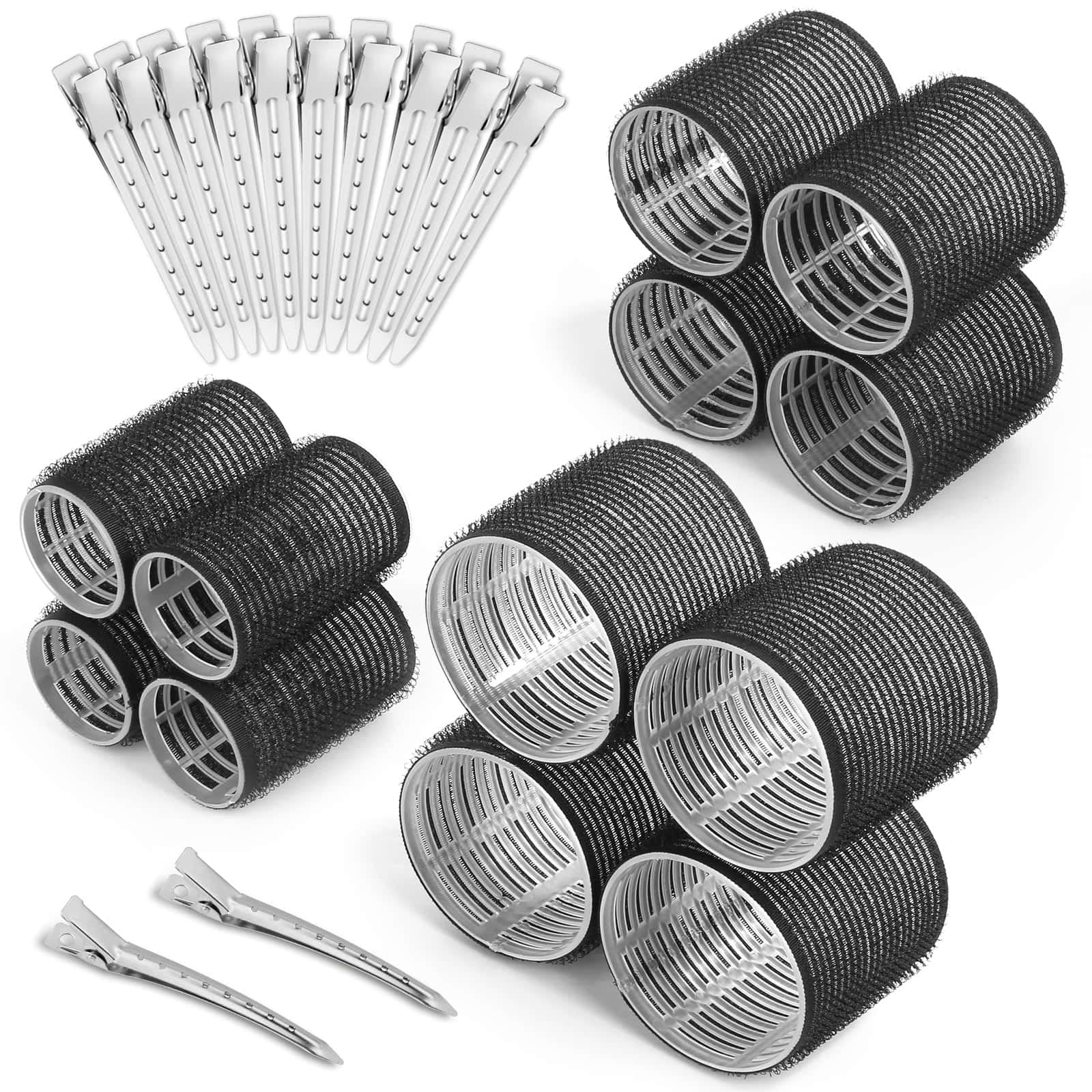 Self Grip Hair Rollers and Curlers Set - 24 Pieces with 3 Sizes (4 Jumbo, 4 Large, 4 Medium) and 12 Clips for Long, Short, Thick, Fine Hair Styling