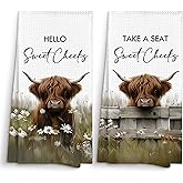 Sviojuce Highland Cattle Bathroom Hand Towels Decor 16x24 Set of 2, Scottish Cow Bathroom Decor Towel Decorative Gifts for Home Toilet, Hello Take a Seat Sweet Cheeks Kitchen Towel