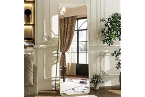 HARRITPURE 56" x 21“ Full Length Mirror - Rounded Corner Floor Mirror with Stand, Gold Aluminum Frame Full Body Mirror, Hangi