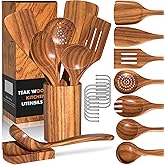 Natural Teak Kitchen Cooking Utensil Set with Holder, Wooden Spoons for Cooking, 10PCS Cooking Spatulas Set with Spoon Rest, Wooden Utensil Set for Nonstick Cookware Sturdy & Lightweight