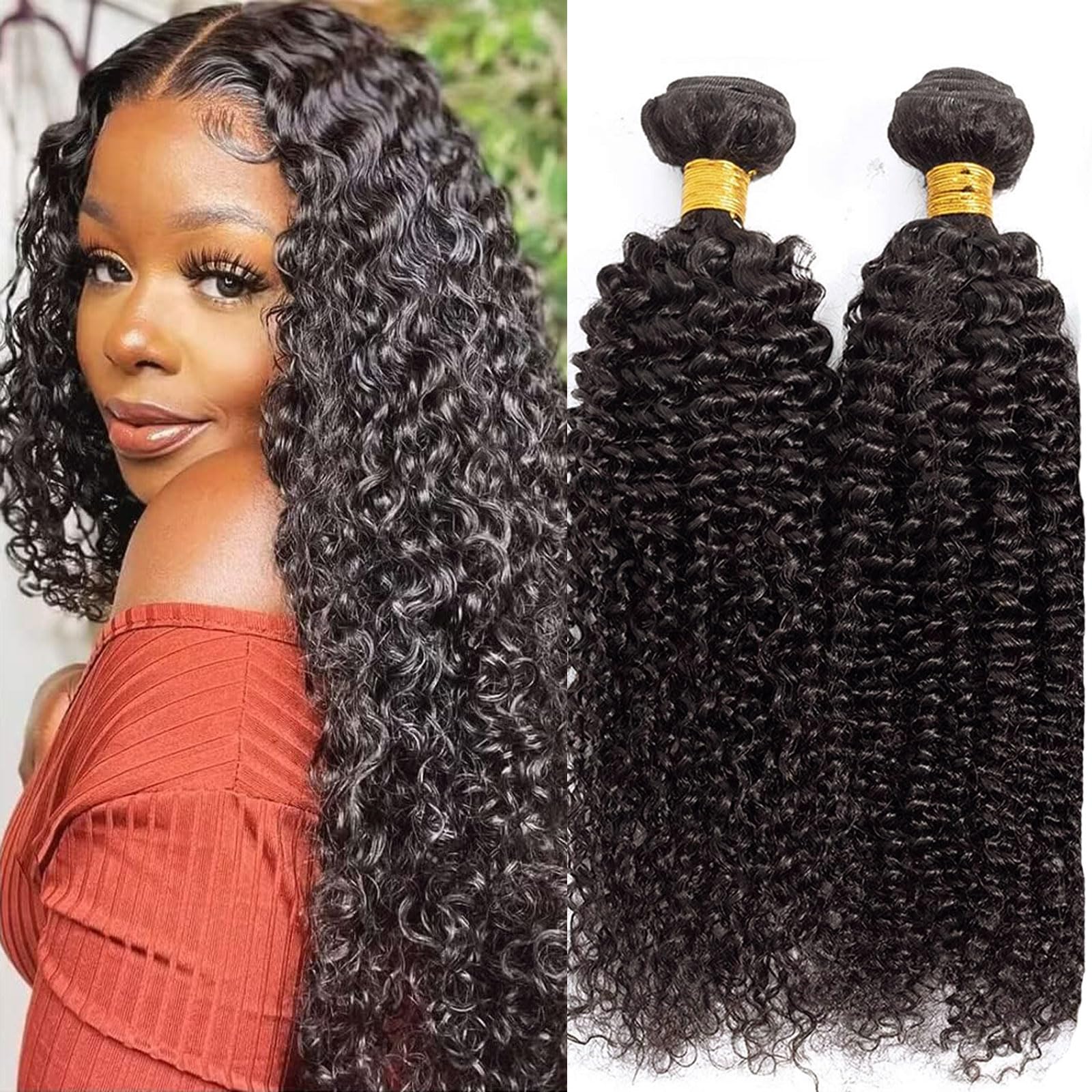 Huarisi 2 Bundle Kinky Curly Weaves Human Hair 24 26 Inch Long Curly Bundles 8a Unprocessed Brazilian Hair Extensions for Black Women Sew in Weaving Natural Color — image 1