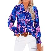 MASCOMODA Womens V Neck Floral Long Sleeve Tops 2026 Summer Casual Loose Puff Sleeve Chiffon Boho Work Blouse Dressy T Shirts