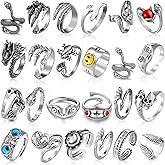Hicarer 24 Pieces Gothic Open Rings Adjustable Vintage Silver Knuckle Rings Set Frog Snake Skull Stackable Punk Jewelry for Couples Men Women