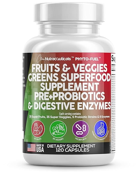 CLEAN NUTRACEUTICALS FRUITS AND VEGGIES SUPPLEMENT REDS & GREEN SUPERFOOD – BALANCE OF OVER 70 FRUIT & VEGETABLE SUPPLEMENTS CAPSULES WITH PROBIOTICS PREBIOTICS DIGESTIVE ENZYMES – 120 CT USA
