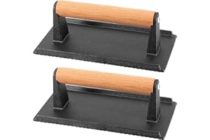 HEIHAK 2 Pack 8 x 4 Inch Cast Iron Steak Weight, Flat Heavy Weight Grill Press with Wooden Handle, Steak Weights for Grill Bu