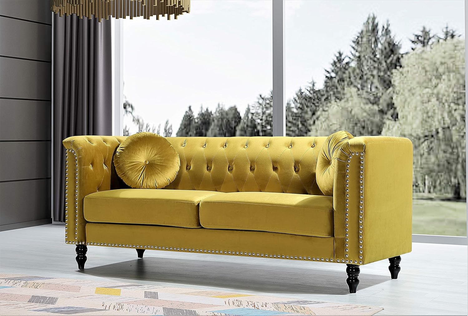 Container Furniture Direct Kittleson Mid Century Velvet Upholstered Nailhead Chesterfield Sofa Set, 2 Piece, Strong Yellow: Furniture & Decor