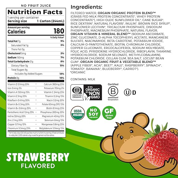ORGAIN ORGANIC KIDS NUTRITIONAL PROTEIN SHAKE, STRAWBERRY, HEALTHY KIDS SNACKS, 8G DAIRY PROTEIN, 3G OF FIBER, 22 VITAMINS & MINERALS, NO SOY INGREDIENTS, GLUTEN FREE, NON-GMO, 8.25 FL OZ (PACK OF 12)