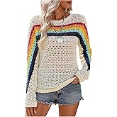MakeMeChic Women's Crochet Sweater Rainbow Hollow Out Long Sleeve Knit Tops Fall Clothes