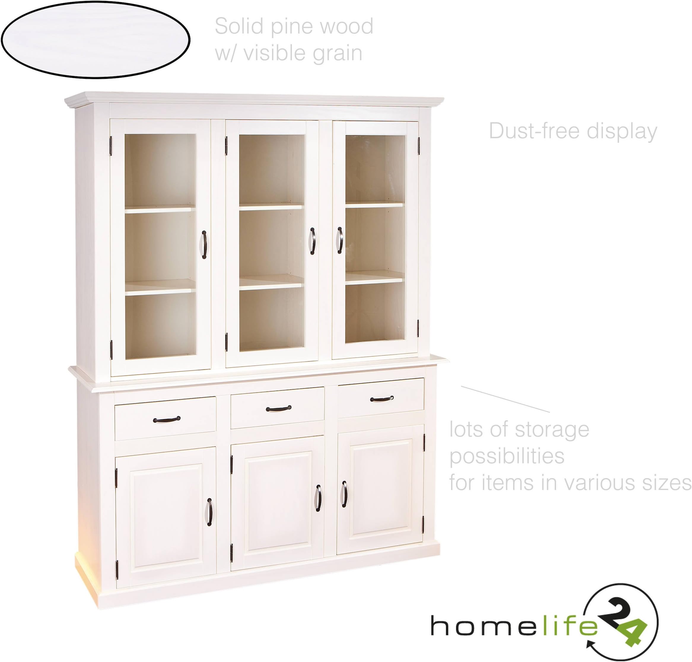 Tall dresser, kitchen buffet display unit, chest, for living room, kitchen, 6 doors, 3 drawers, 3 glass doors, in solid Pine Wood, varnished in white
