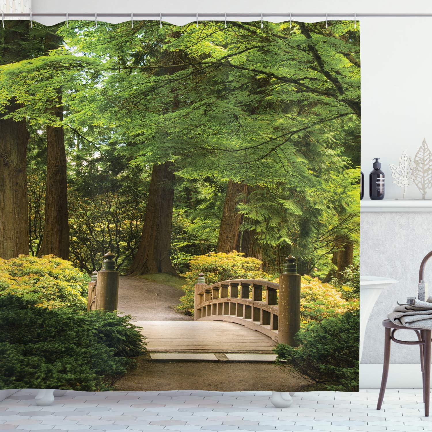 ABAKUHAUS Japanese Shower Curtain, Wooden Bridge over Pond in Garden Calmness in Shadow of Trees Serenity in Nature, Cloth Fabric Bathroom Decor Set with Hooks, 78 Inches, Green Brown — image 1