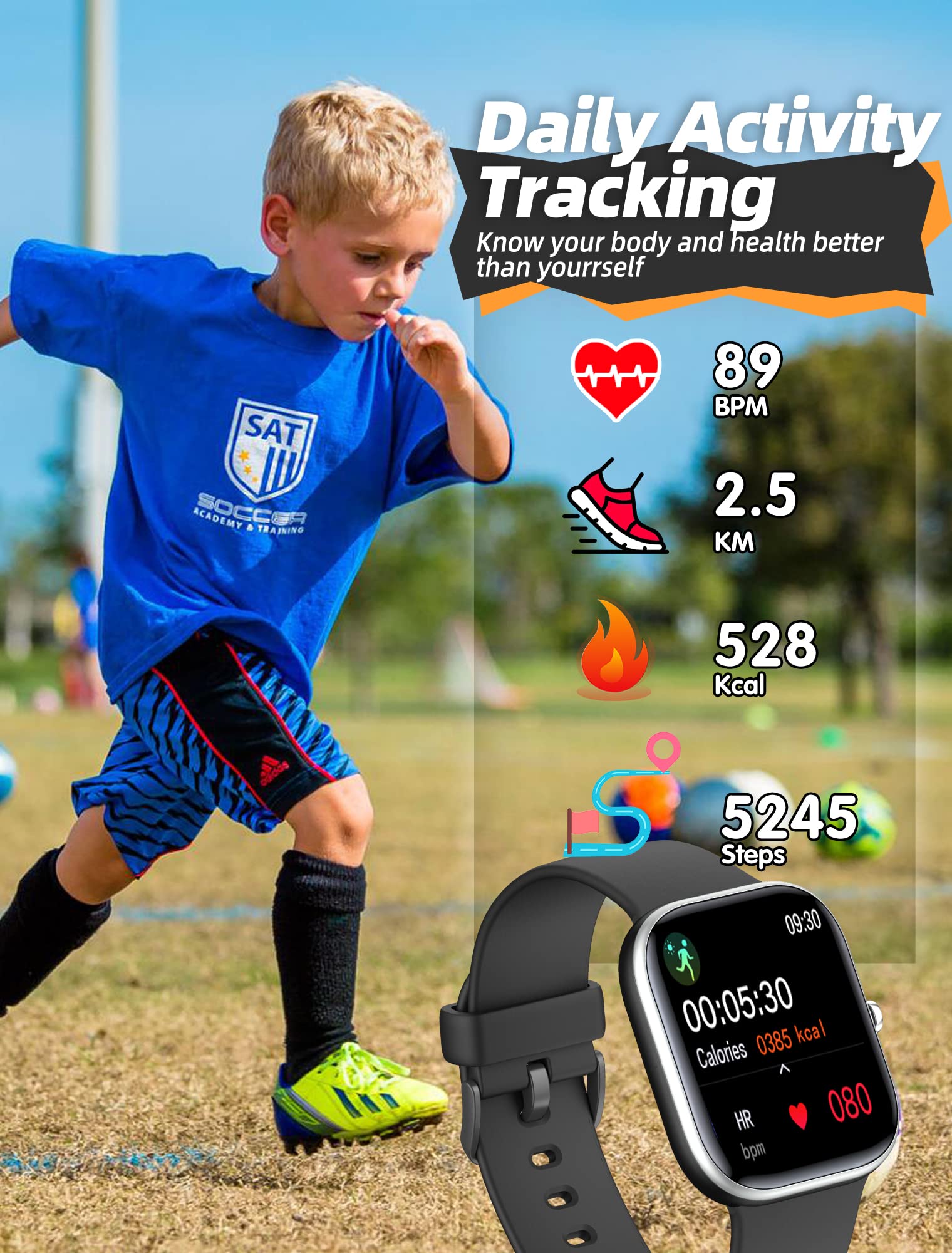 Slothcloud Kids Smart Watch for Boys Girls,IP68 Waterproof Fitness Activity Tracker Watch,Heart Rate Sleep Monitor,8 Sport Modes,Pedometers,Calories Counter,Alarm Clock,Kids Gifts Teens 5+ (Black)