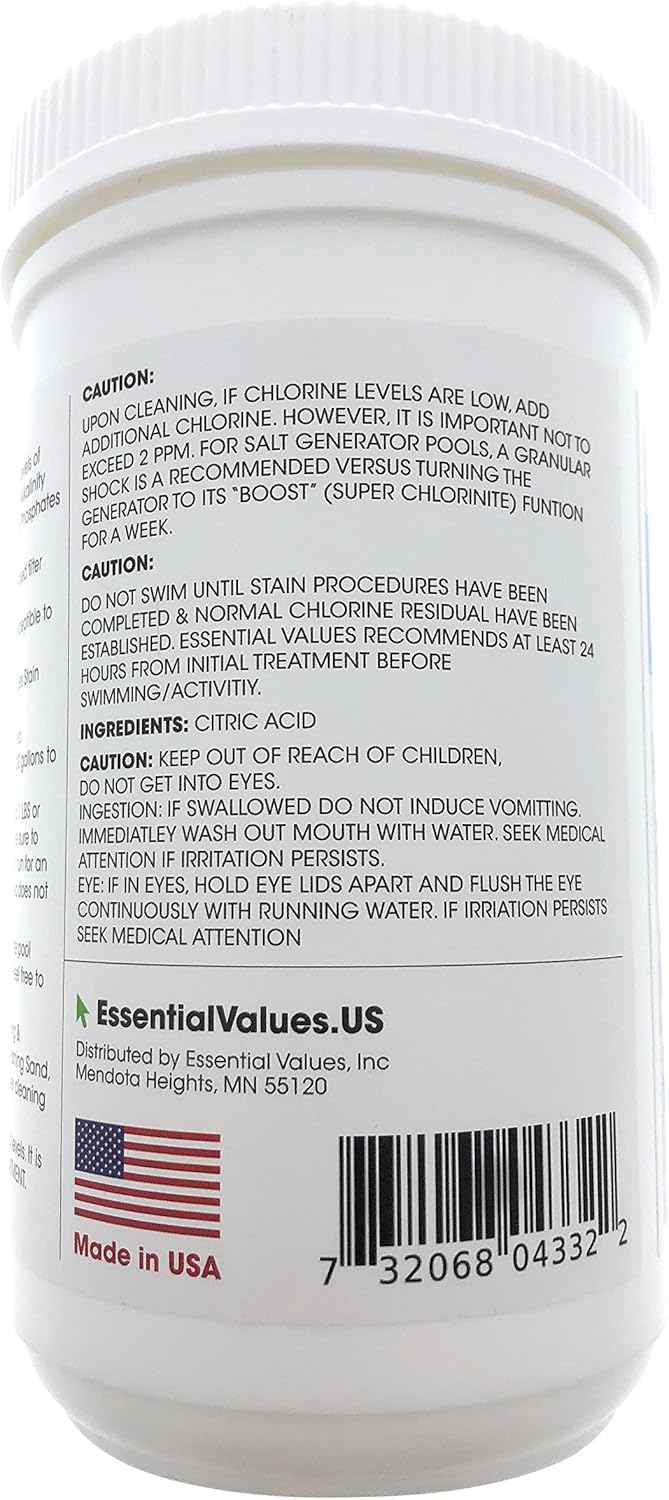 Essential Values Swimming Pool & Spa Stain Remover (2 LBS) - Natural & Safe, Works Best for Vinyl Liners, Fiberglass, Metals – Removes Rust & Other Tough Stains Without The Use of Harsh Chemicals : Garden & Outdoor
