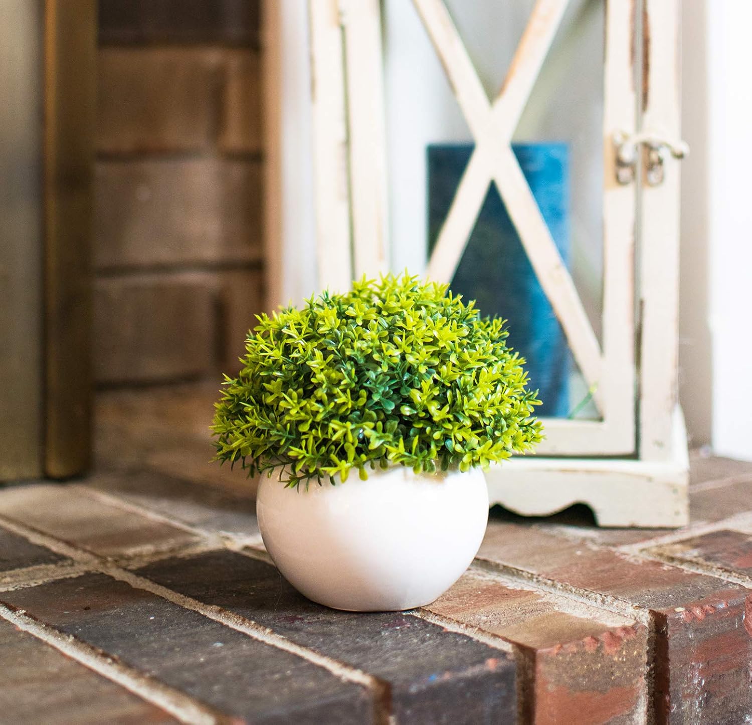 Mini Artificial Plant (5") in White Ceramic Pot | Decorative Faux Plant for Home/Office Decor | Small Potted Topiary | Farmhouse Decor Accent | Desk/Kitchen/Bathroom/Shelf Fake Plant (Green 3) -