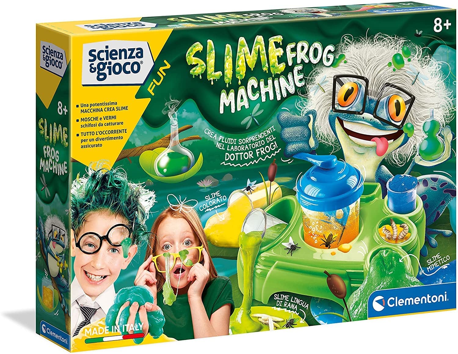 Clementoni - Science and Play Fun, Slime Frog Machine, 8 Years Scientific Game, Slime Experiments Lab, Slime Factory, Slime Kit, Italian Version, 19114