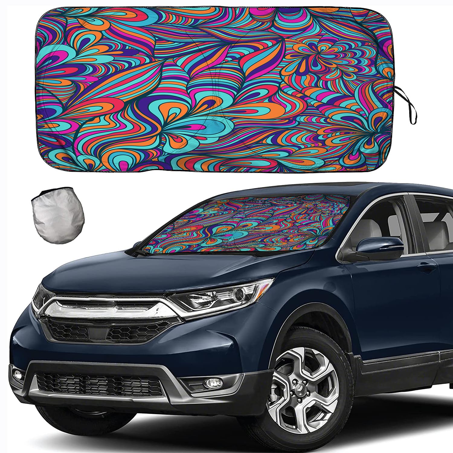 Photo 1 of [2025 Upgrade] TDCQQGQQ Windshield Sunshade Medium - 46”-64” Wide, 34” High, UV Protection Sunshade for Cars, Reduces Heat by 40°F, Vibrant Colorful Swirl Design, Fits Windshields 34”-28” Height