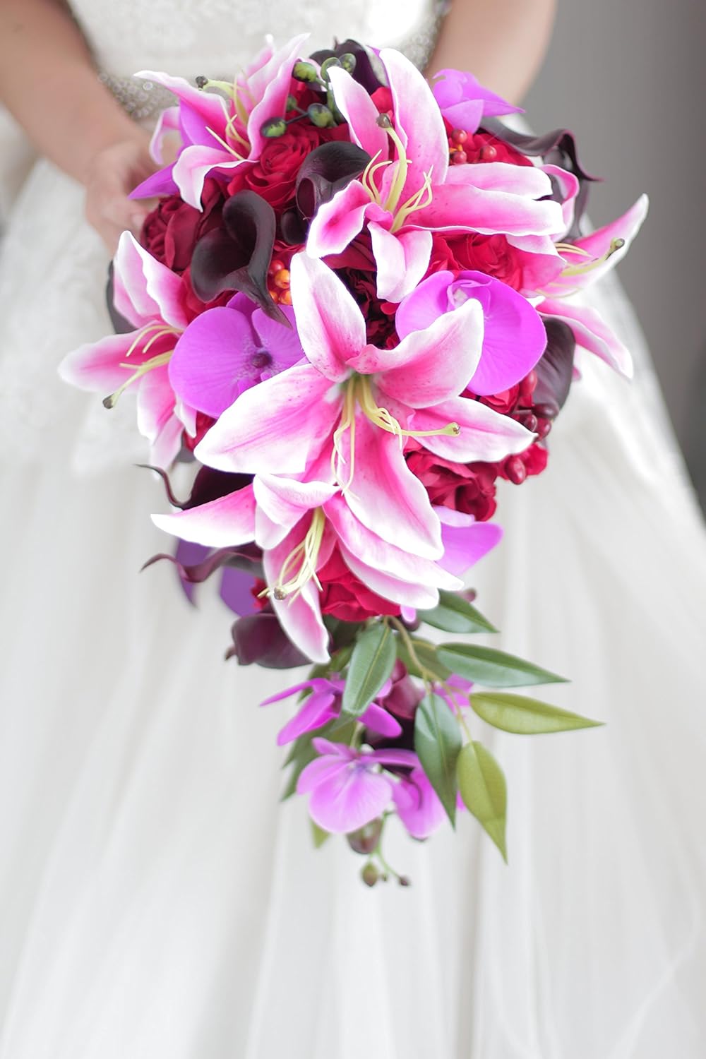 Amazon Com Iffo Red Rose Lily Bouquet Waterfall Style Bridal Wedding Bouquet Wedding Bouquet Home Kitchen