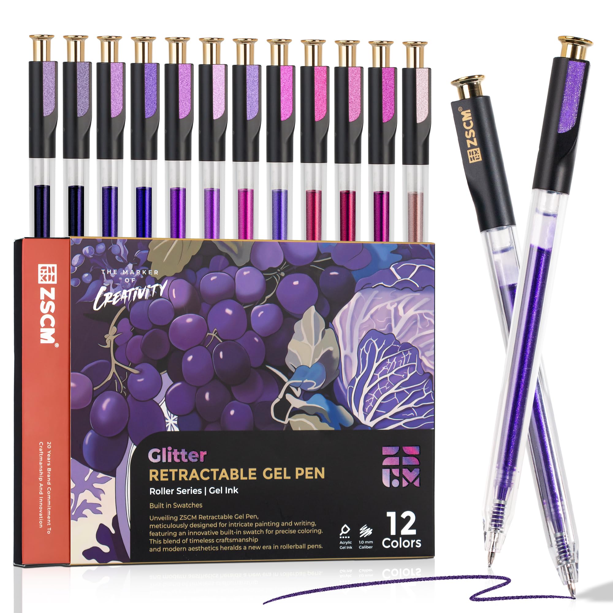 Photo 1 of ZSCM Retractable Glitter Gel Pens, 12 Colors Large Capacity Purple Glitter Metallic Gel Ink Pens, 1 mm Fine Point Smooth Writing Color Pens for Adult Coloring Book Note Taking Aesthetic Art Supplies