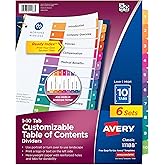 Avery 10 Tab Dividers for 3 Ring Binders, Customizable Table of Contents, Multicolor Tabs, 6 Sets (11188)