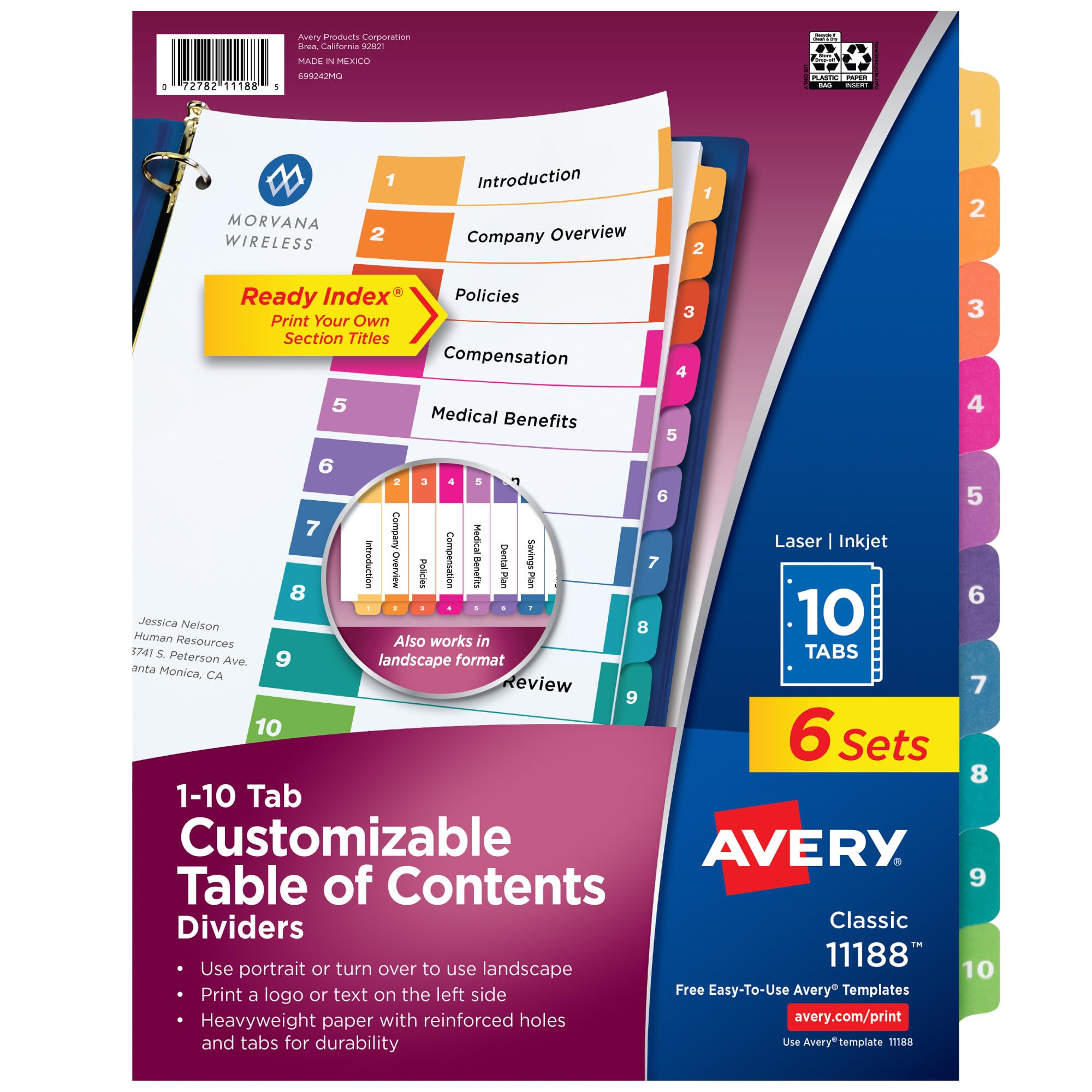 Avery 10 Tab Dividers for 3 Ring Binders, Customizable Table of Contents, Multicolor Tabs, 6 Sets (11188)
