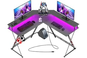 SEVEN WARRIOR L Shaped Gaming Desk with LED Lights & Power Outlets, 50.4” Computer Desk with Monitor Stand, Corner Desk with Carbon Fiber Surface, Gaming Table with Hooks, Black
