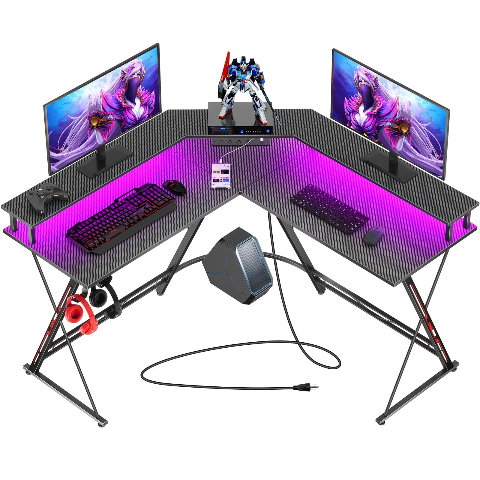SEVEN WARRIOR L Shaped Gaming Desk with LED Lights & Power Outlets, 50.4” Computer Desk with Monitor Stand, Corner Desk with Carbon Fiber Surface, Gaming Table with Hooks, Black Image