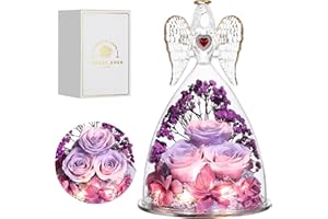Tiaronics Mothers Day Rose Gifts for Women, Large Angel Figurines with Real Roses, Preserved Real Flower Rose for Her, PinkPurPur