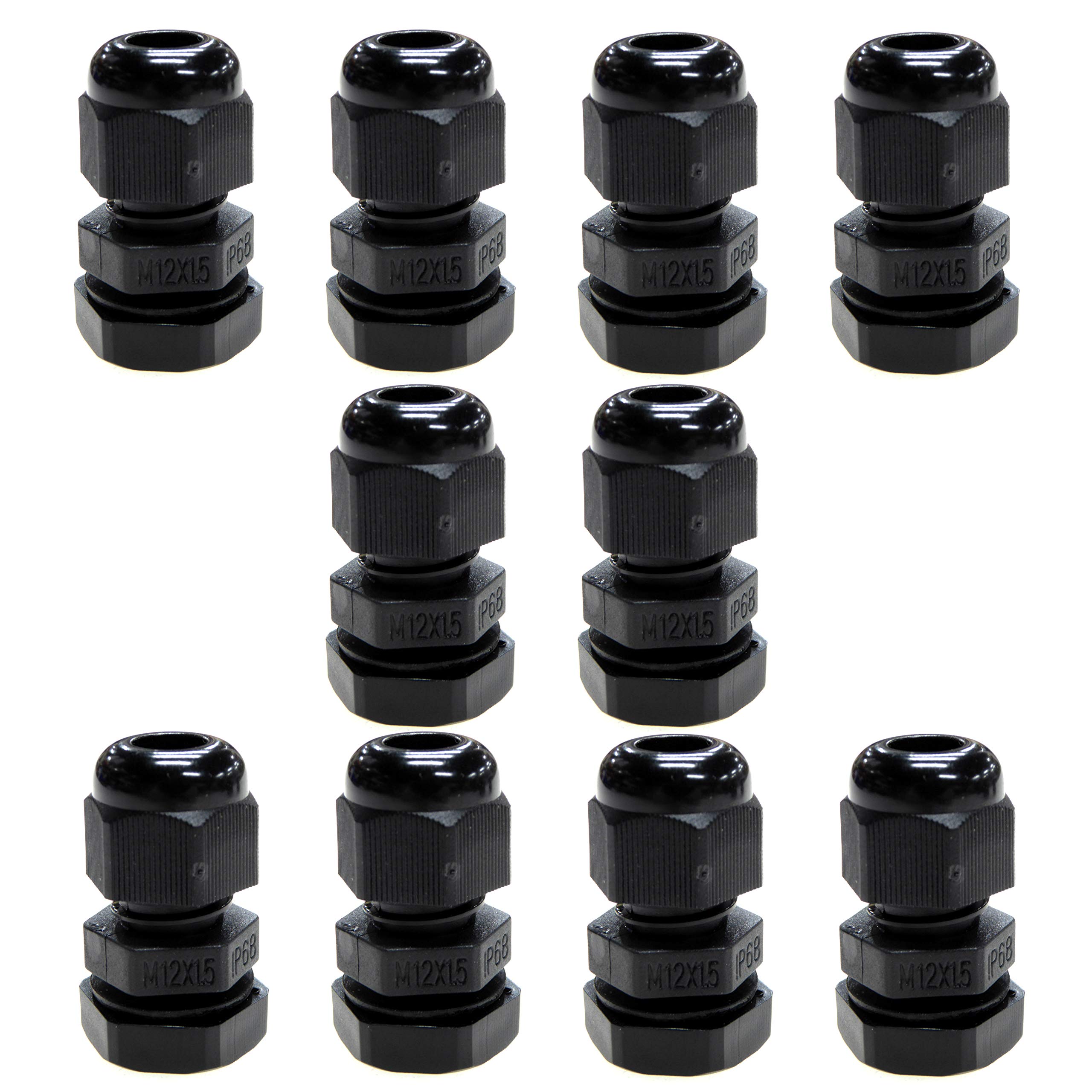 10 Pack Black M12 12mm TRS Stuffing Compression Glands for 3-6.5mm Cable, Waterproof IP68 with Locknut and Washer