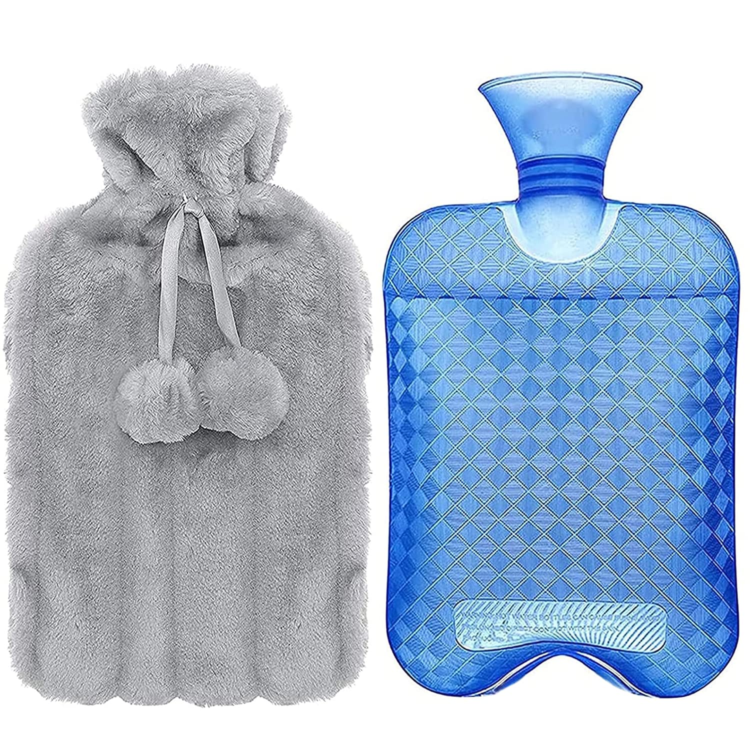 Newthinking Hot Water Bottles with Cover, 2L Large Hot Water Bottle with Fluffy Cover, PVC Clear Hot Water Bag for Warm Pain Relief and Cold Heat Therapy (Blue)