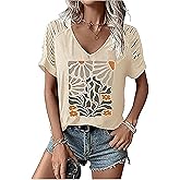 Women's T-Shirts V-Neck Sun Flowers Tee Summer Vacations Shirts Funny Cute Wildflowers Shirts Short Sleeve T-Shirts