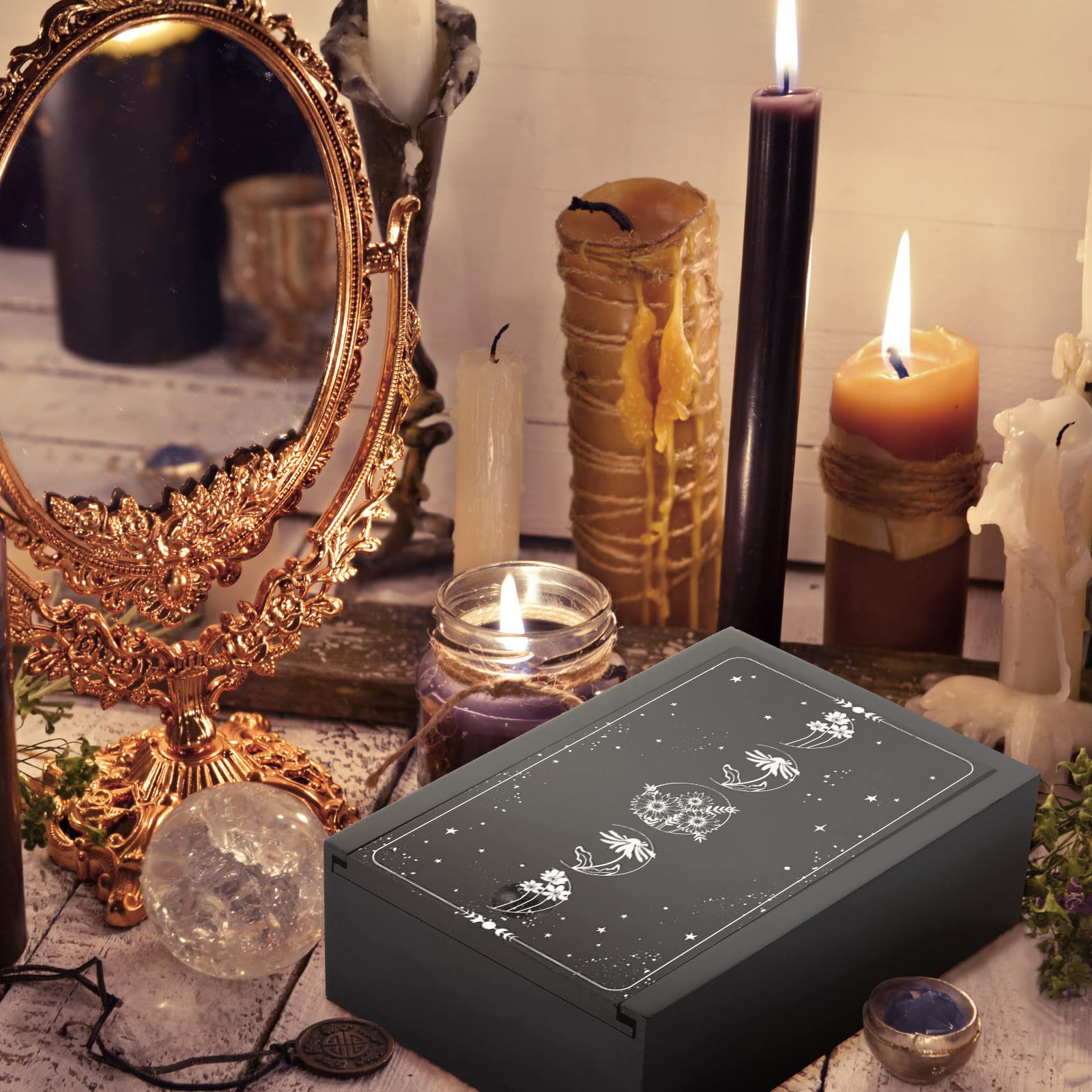 Yulejo Wooden Tarot Card Case and Stand Holder, Cards Box Fortune Telling Trinket Keepsake with Pendulum Board Moon Shape Altar Display for Witch (Novel Style)