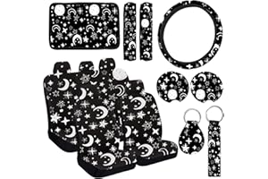 JINGSEN 15 PCS LMoon and Stars Car Steering Wheel Cover Center Console Armrest Pad Headrest Seat Belt Cover Handbrake Cover Keychain Coaster Full Set Car SUV （Moon and Stars）