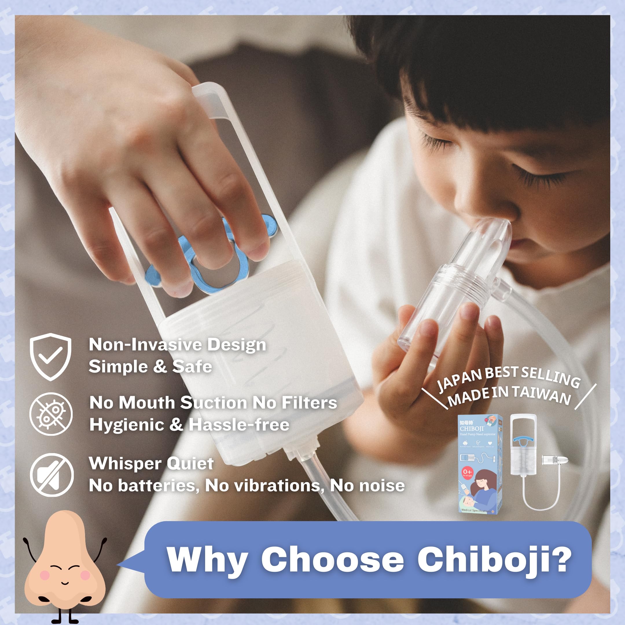 Chiboji Baby Nasal Aspirator – Powerful Hand Pump Nose Sucker | Booger Sucker with Rounded Non-Invasive Nozzle | Quiet and Strong Suction Nose Cleaner for Infants and Toddlers, Made in Taiwan