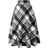Women's Long Plaid Wool Skirt Fall High Elastic Waist Pleated Flared A-line Wool Winter Skirts