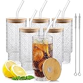 Salpae 16oz Glass Cups with Lids and Straws, 6 Pack Vintage Drinking Glasses Tumblers Begonia Flower Iced Coffee Cups for Kitchen, Home, Office, Gifts