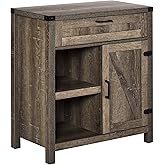 HOMCOM Sideboard Buffet Cabinet, Farmhouse Kitchen Storage Cabinet with Rustic Barn Door and Drawer, Dark Oak