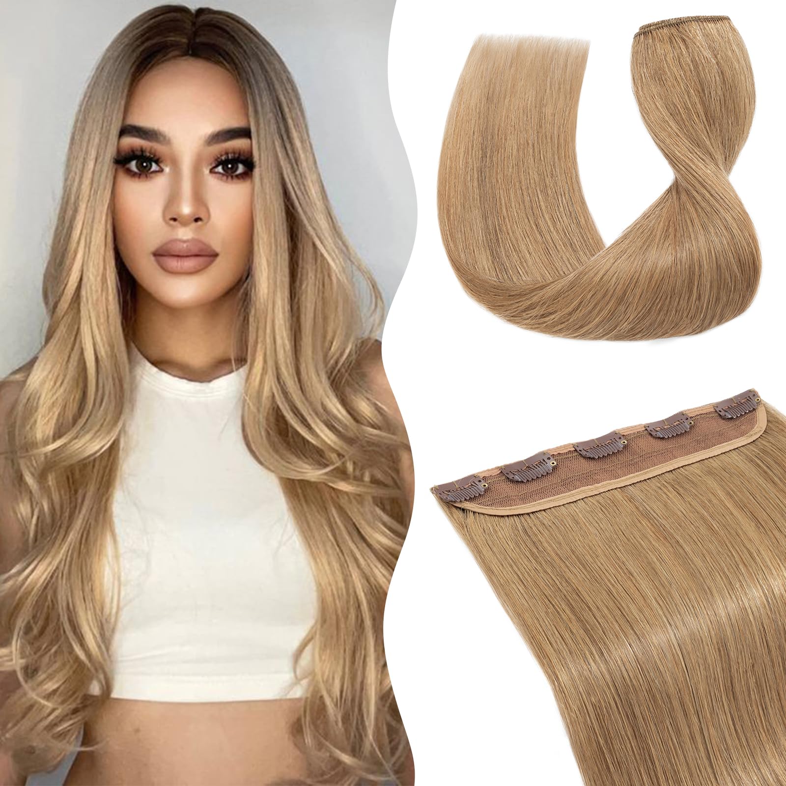 TESS Clip In Hair Extension Blonde,Hair Extensions Real Human Hair One Peice 5 Clips Straight Natural Hairpieces for Womens/Girls(#27 Dark Blonde,12Inch) — image 1