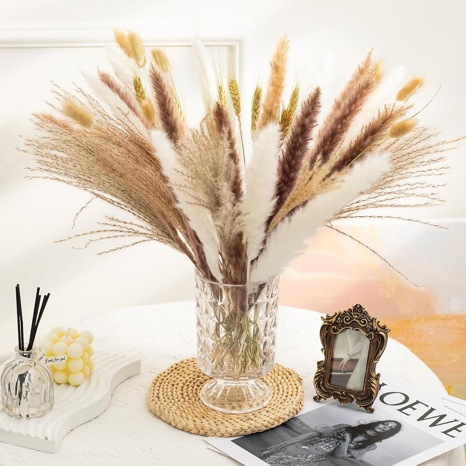 Dried & Preserved Flora - OTORAT 50 PCS Dried Pampas Grass Decor, Natural Pampas Grass Contains Bunny Tails Dried Flowers, Reed Grass Bouquet for Wedding Boho Flowers Home Table Decor, Rustic Farmhouse Party