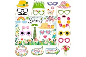 SINGOMON 25PCS Spring Photo Booth Props Kit with 1pc Hello Spring Photo Booth Frame for Garden Party Decorations Easter Decor