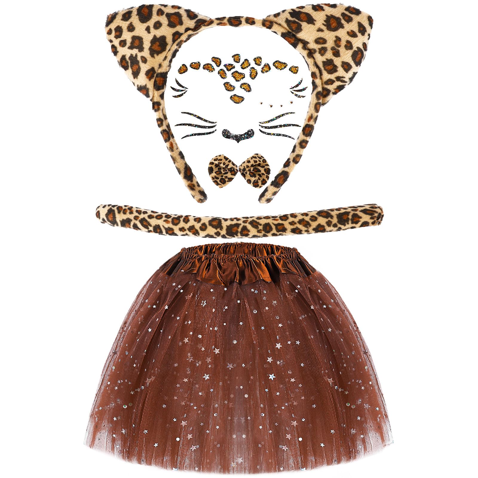 Hifot 5 Piece Cat Girl Tutu Skirt Leopard Headband Tail Bow Butterfly Costume Animal Child Cat Leopard for Party Halloween Carnival Fancy Dress