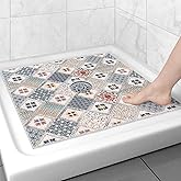 Square Shower Mat Non Slip: 27x27 Inch Extra Large Shower Floor Mat with Drain Hole in Middle - Soft PVC Loofah Bath Mat for Shower - Anti Slip Shower Stall Mat for Elderly and Kids