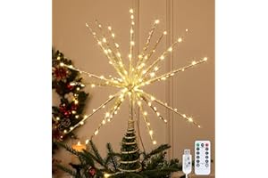 Obralitic 15 Inch Christmas Tree Star Topper with 150 LED Timer Lights & Remote, 19-Point USB Powered Lighted Gold Starburst 