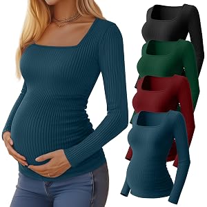 Huukeay 4 Pack Women's Maternity Tunic Shirts | Long Sleeve, Cotton Ribbed, Square Neck, Pregnancy Tunic Tops, Side Ruched, B